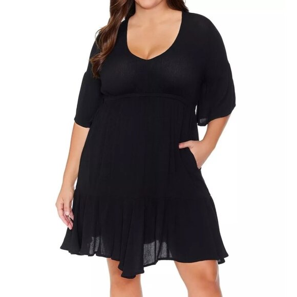 Raisins Tavarua Woven Swim Cover Up Dress Pockets Open Back Crinkle Black 3X - Picture 1 of 6